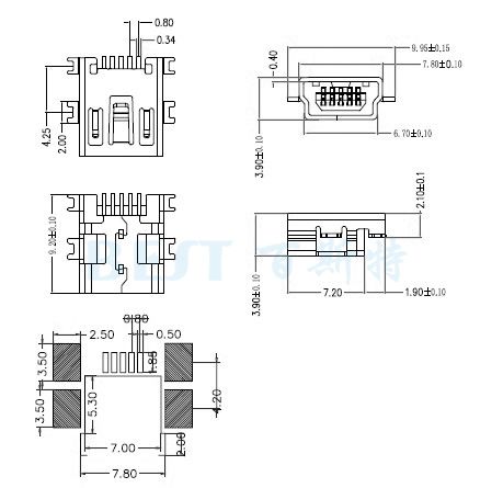 USB插座MIN USB-5P沉板長體